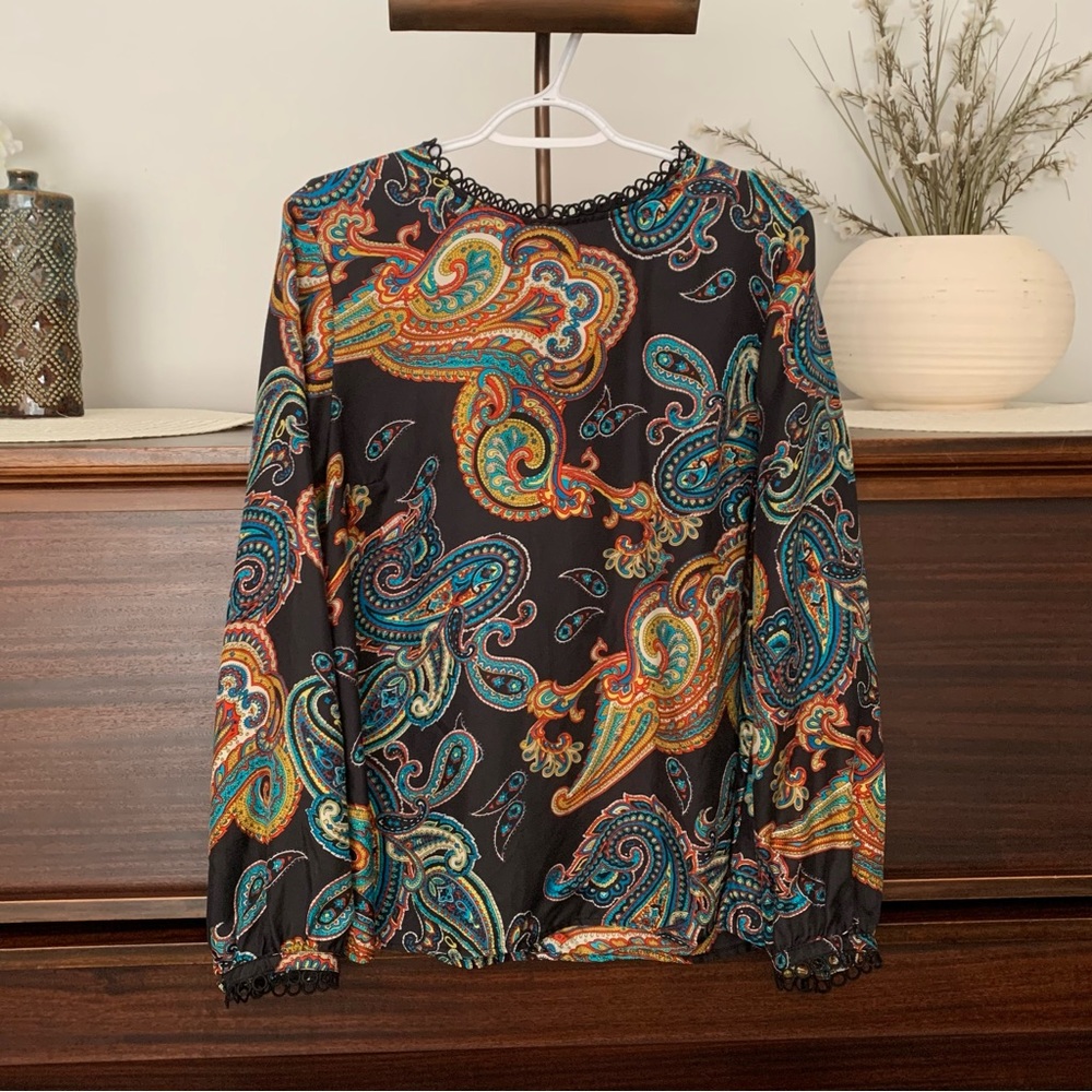 J. Crew Paisley Print Long-Sleeve Silk Blouse, Size Large/XL